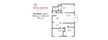 A floor plan for a 3 bedroom, 2 bathroom apartment from Terra Pointe Apartments.