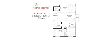 A floor plan for a 3 bedroom, 2 bathroom apartment of 1178 square feet.