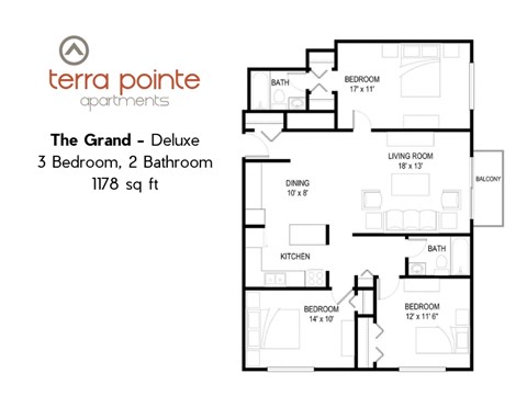 A floor plan for a 3 bedroom, 2 bathroom apartment of 1178 square feet.