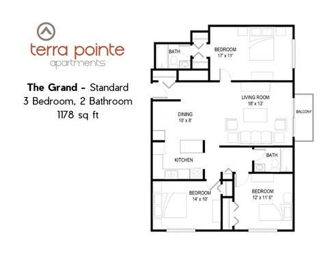 A floor plan for a 3 bedroom, 2 bathroom apartment from Terra Pointe Apartments.
