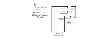 A floor plan for a 716 square foot apartment with one bedroom and one bathroom.