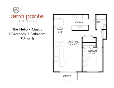 A floor plan for a 716 square foot apartment with one bedroom and one bathroom.