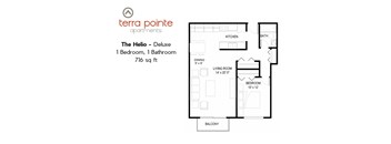 A floor plan for a 716 square foot apartment with one bedroom and one bathroom.