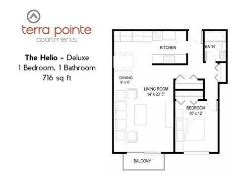 A floor plan for a 716 square foot apartment with one bedroom and one bathroom.