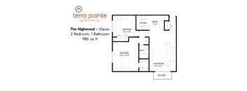 A floor plan for a 2 bedroom, 1 bathroom apartment from Terra Pointe Apartments.