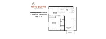 A floor plan for a 986 square foot apartment with two bedrooms and one bathroom.