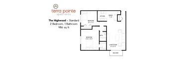 A floor plan for a 986 sq ft apartment at terra pointe.