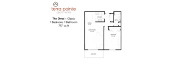 A floor plan for a 1 bedroom, 1 bathroom apartment from Terra Pointe Apartments.