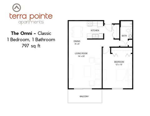 A floor plan for a 1 bedroom, 1 bathroom apartment from Terra Pointe Apartments.