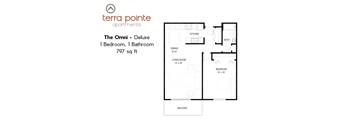 A floor plan for a 1 bedroom, 1 bathroom apartment of 797 sq ft.