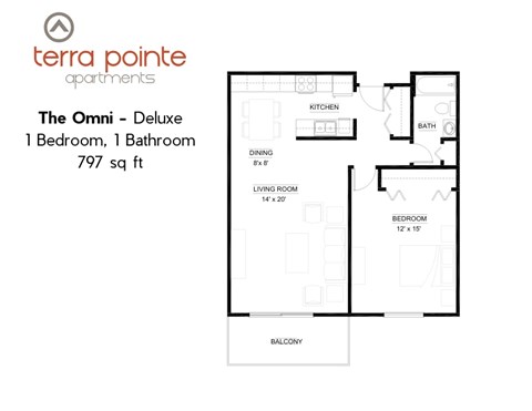 A floor plan for a 1 bedroom, 1 bathroom apartment of 797 sq ft.