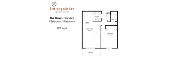 A floor plan for a 1 bedroom, 1 bathroom apartment of 797 sq ft.