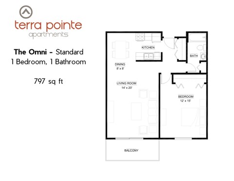 A floor plan for a 1 bedroom, 1 bathroom apartment of 797 sq ft.