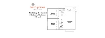 A floor plan for a 945 sq ft apartment with two bedrooms and one bathroom.
