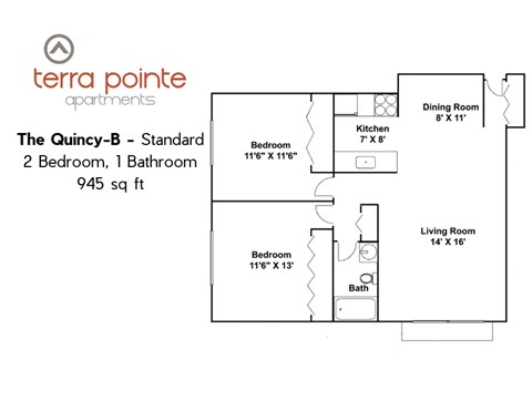 A floor plan for a 945 sq ft apartment with two bedrooms and one bathroom.
