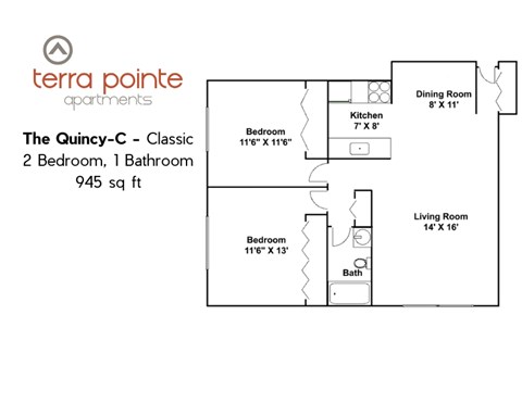 A floor plan for a 2 bedroom, 1 bathroom apartment from Terra Pointe Apartments.