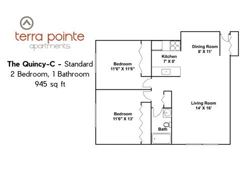 A floor plan for a 2 bedroom, 1 bathroom apartment from Terra Pointe Apartments.