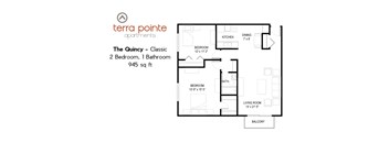 A floor plan for a 2 bedroom, 1 bathroom apartment from Terra Pointe Apartments.