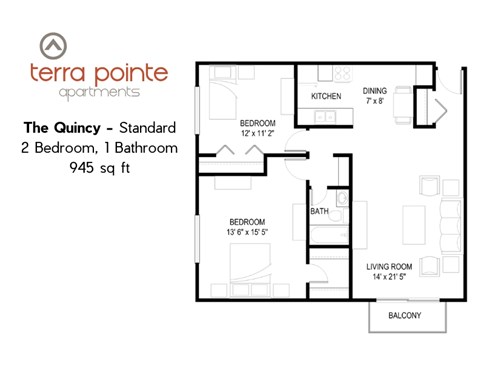 A floor plan for a 2 bedroom, 1 bathroom apartment from Terra Pointe Apartments.