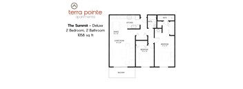 A floor plan for a 2 bedroom, 2 bathroom apartment of 1058 square feet.