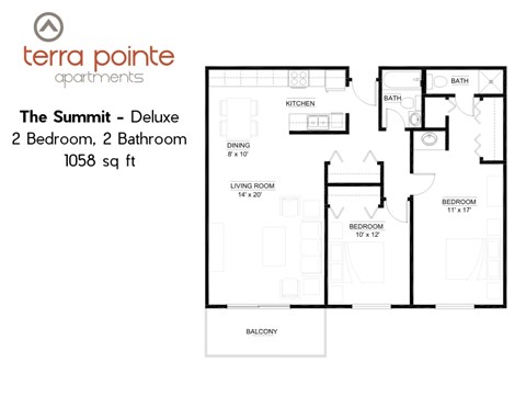 A floor plan for a 2 bedroom, 2 bathroom apartment of 1058 square feet.