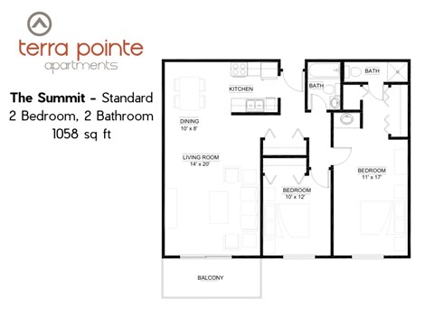 A floor plan for a 2 bedroom, 2 bathroom apartment from Terra Pointe Apartments.