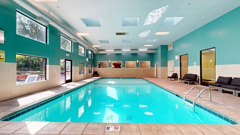 A large indoor swimming pool with a sunny view outside.