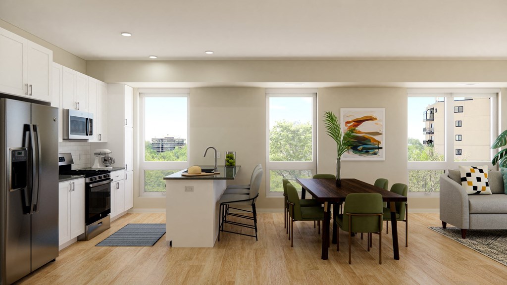 a rendering of a kitchen and dining room with a large window at The Gateway at West Lake Quarter in Minneapolis, MN