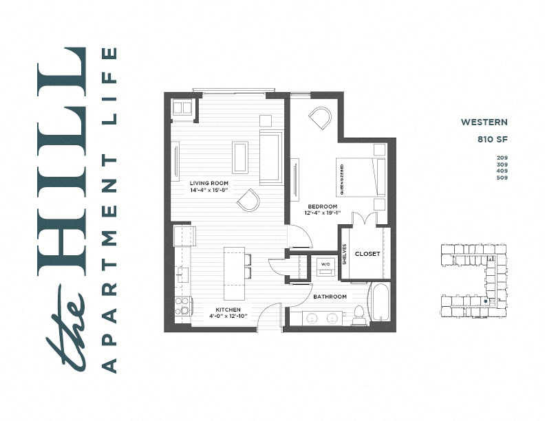 Western One Bedroom Floor Plan at The Hill Apartments