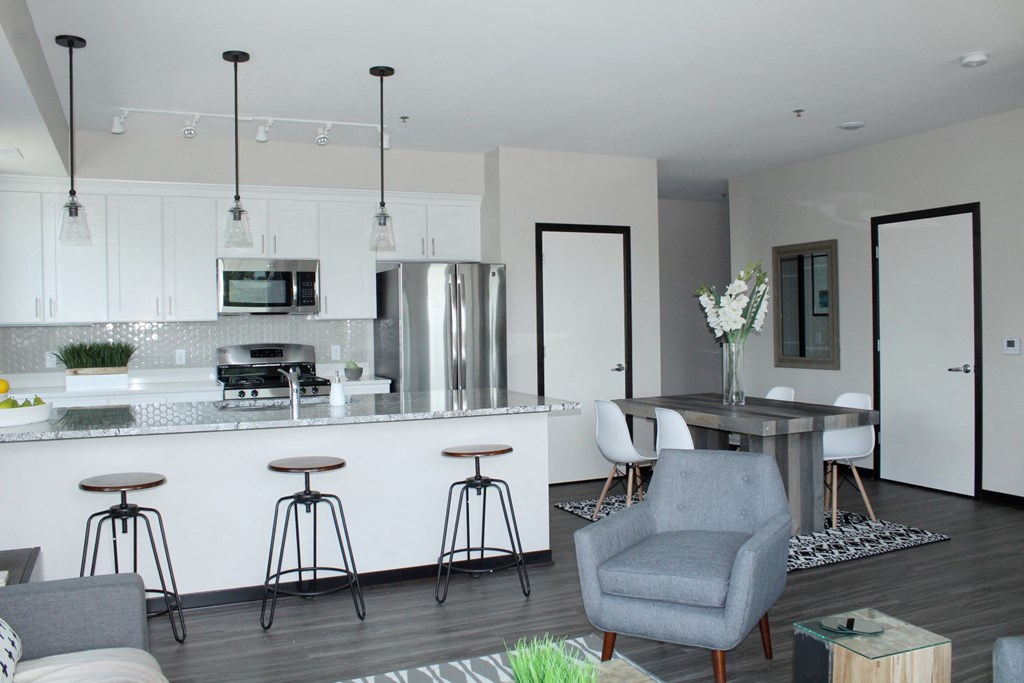 Kitchen with White Cabinetry and Appliances at The Shoreham, St. Louis Park, Minnesota