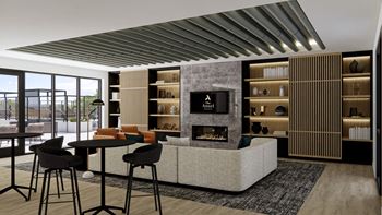 a rendering of a living room with a fireplace and tables  at The Ansel Residences, Vadnais Heights, 55126