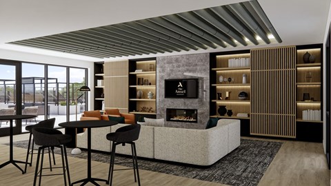a rendering of a living room with a fireplace and tables  at The Ansel Residences, Vadnais Heights