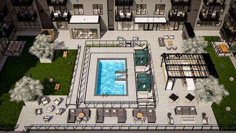 an aerial view of a yard with a swimming pool  at The Ansel Residences, Vadnais Heights, MN
