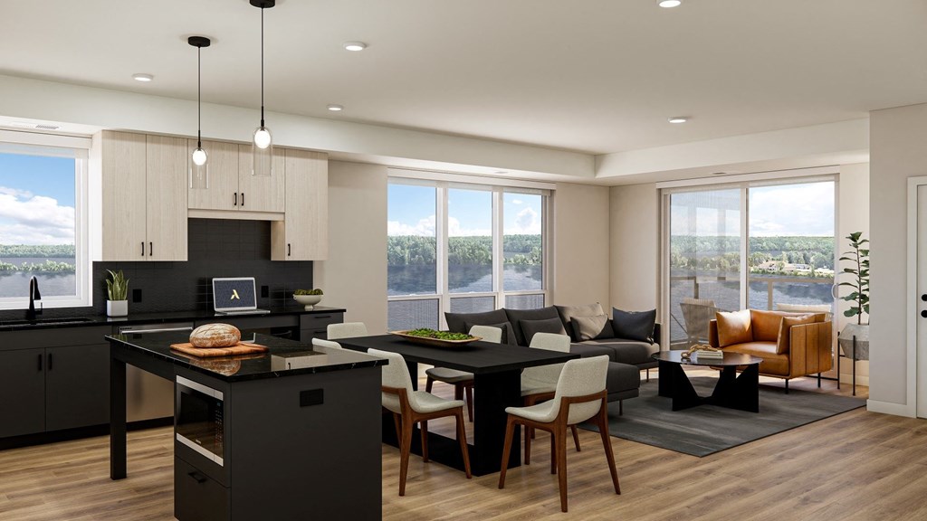 an open kitchen and living room with a view of a river  at The Ansel Residences, Vadnais Heights, 55126