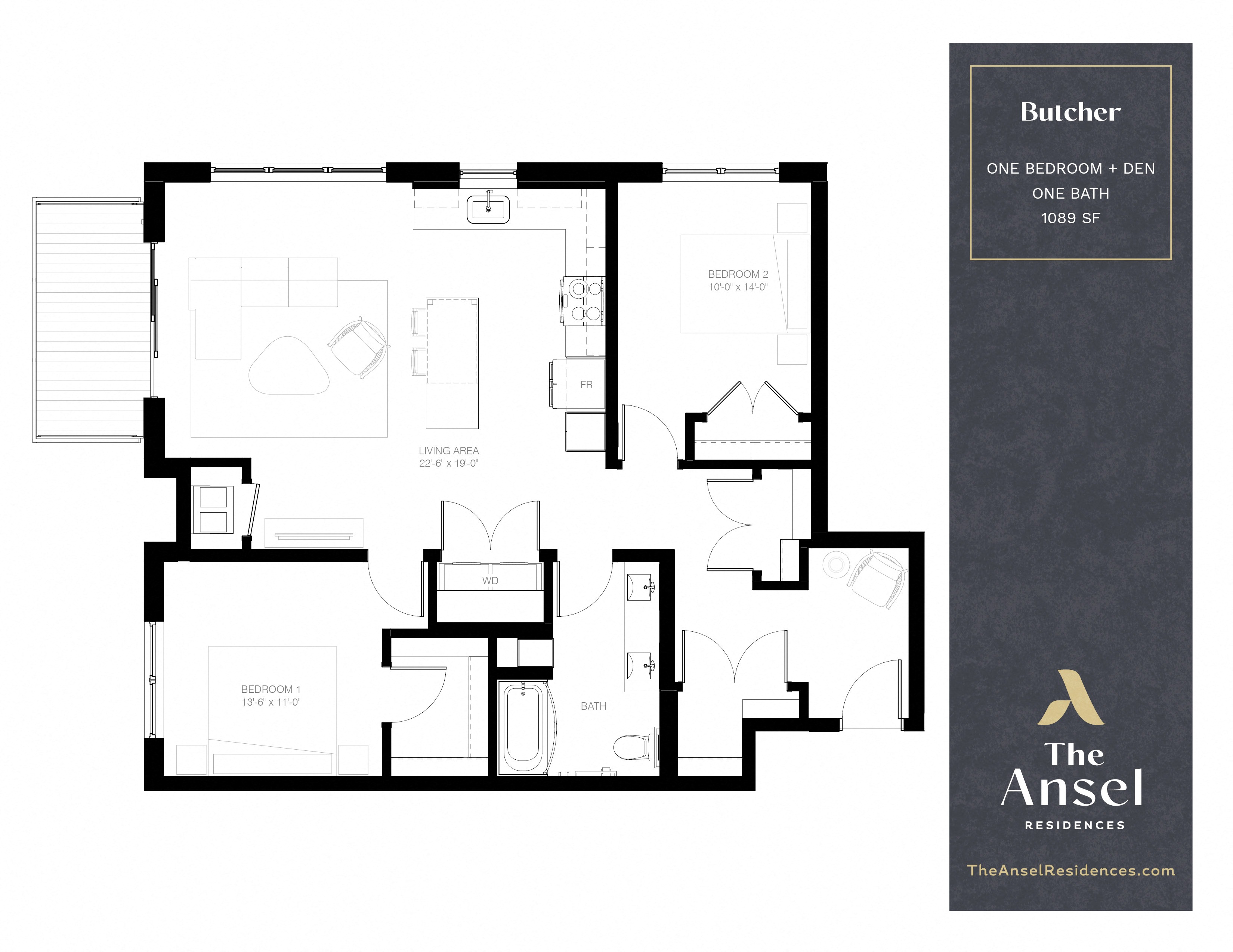 Butcher floorplan, one bedroom plus den floorplan at The Ansel Residences in Vadnais Heights, Minnesota