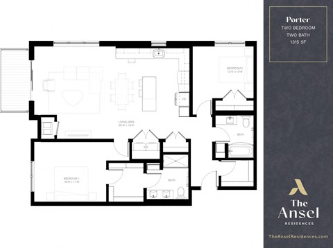 the floor plan of the ansel porter two bedroom apartment  at The Ansel Residences, Vadnais Heights