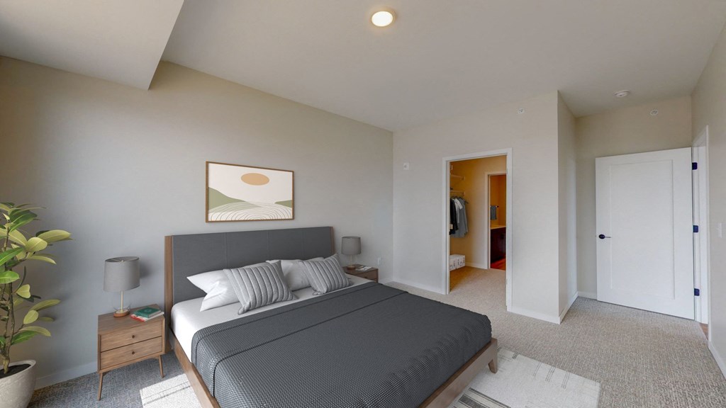 a bedroom with a bed and a closet