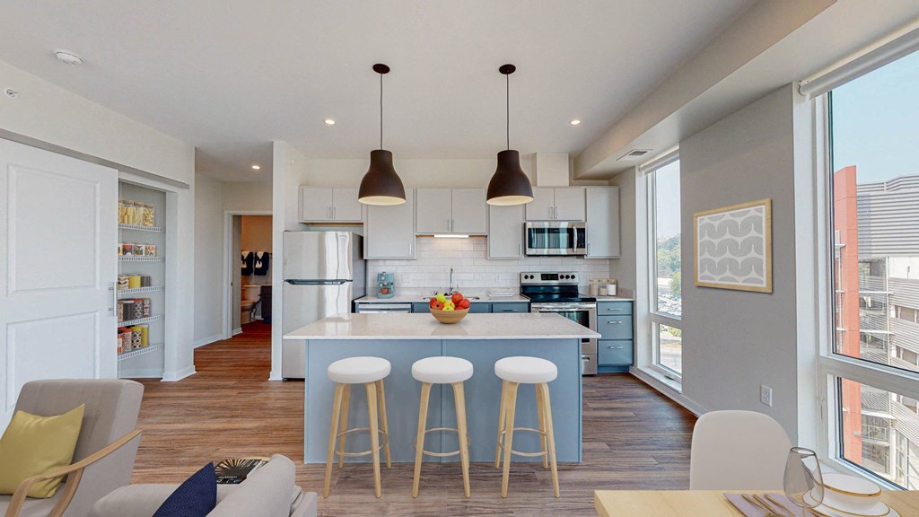 Gourmet Kitchen With Island at The Arlow on Kellogg, St Paul, Minnesota