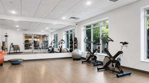 A gym with a variety of equipment including a stationary bike, a rowing machine, and a medicine ball.