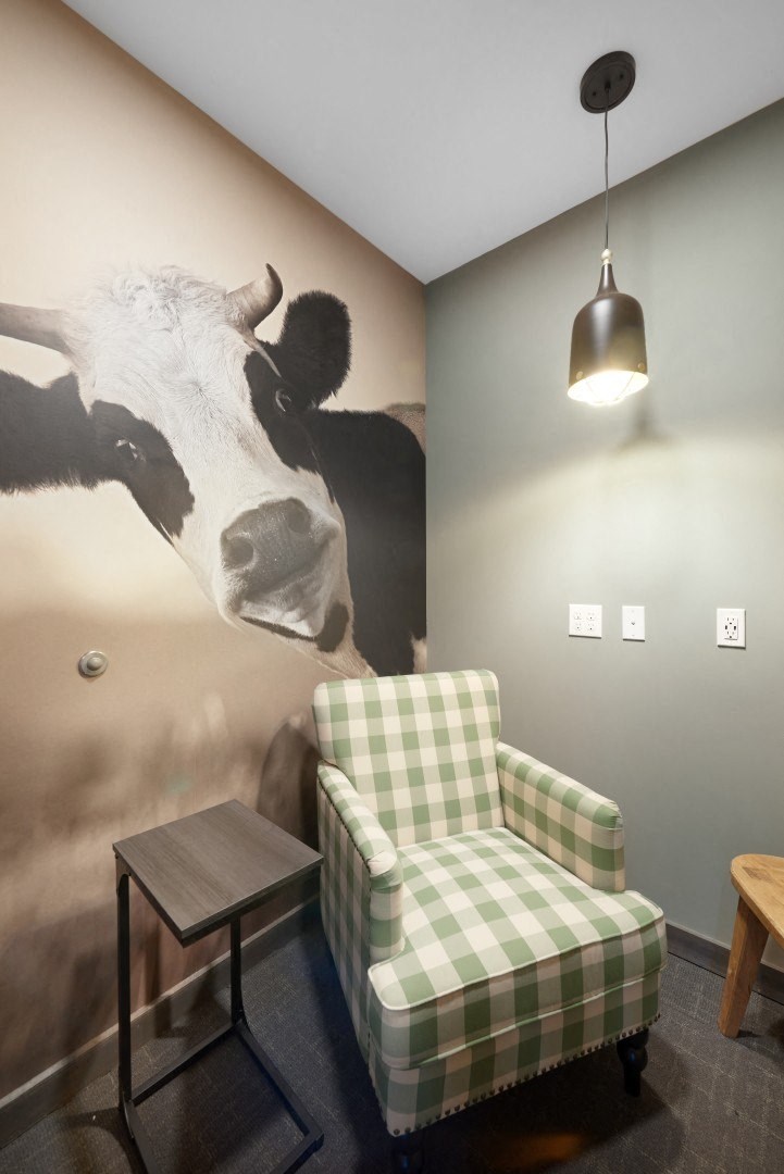 a painting of a cow on a wall next to a chair at The Yards and Backyards, South St. Paul