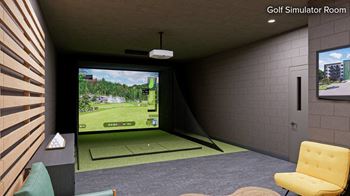 a golf simulator room with a view of the course