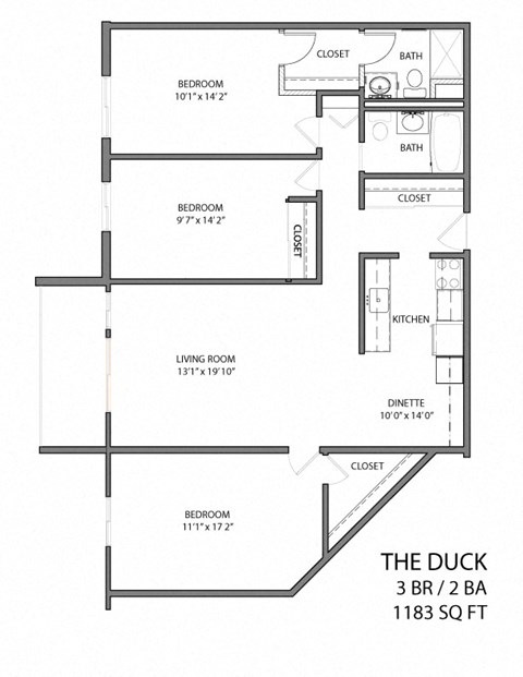 The duck floor plan layout with 3 bedrooms and 2 bathrooms