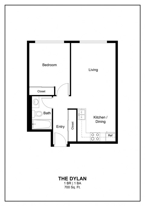 a floor plan of the dylan 1 bedroom unit