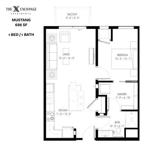 Mustang Floor Plan at The Exchange Apartments, New Brighton, 55112