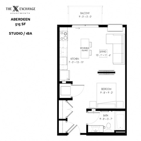 Aberdeen studio floor plan at The Exchange Apartments in New Brighton, MN