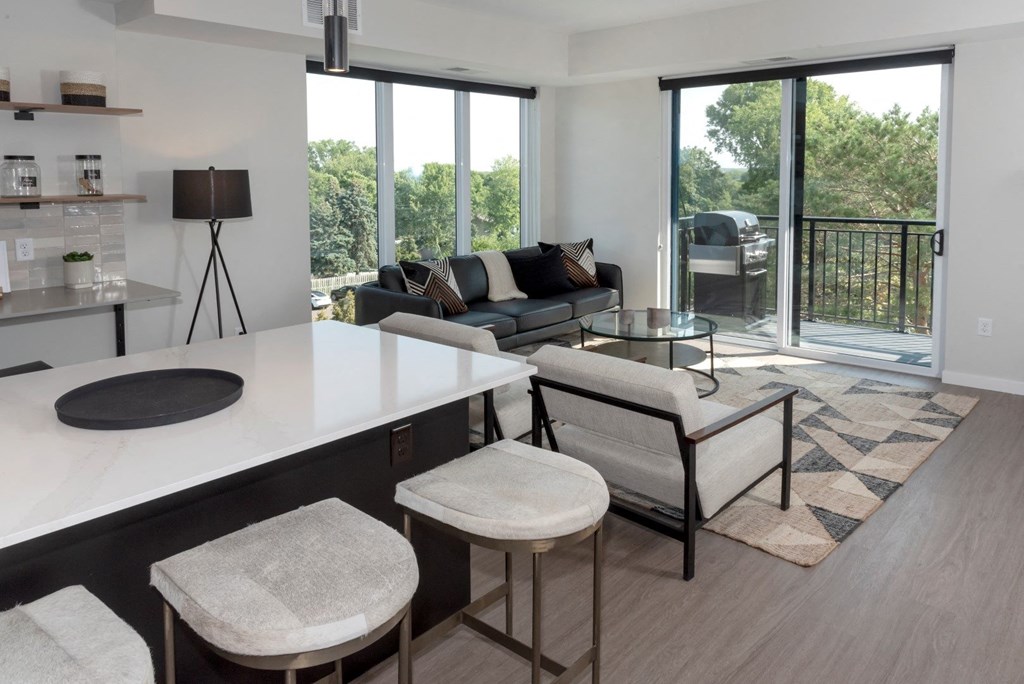 a living room with a couch and a table