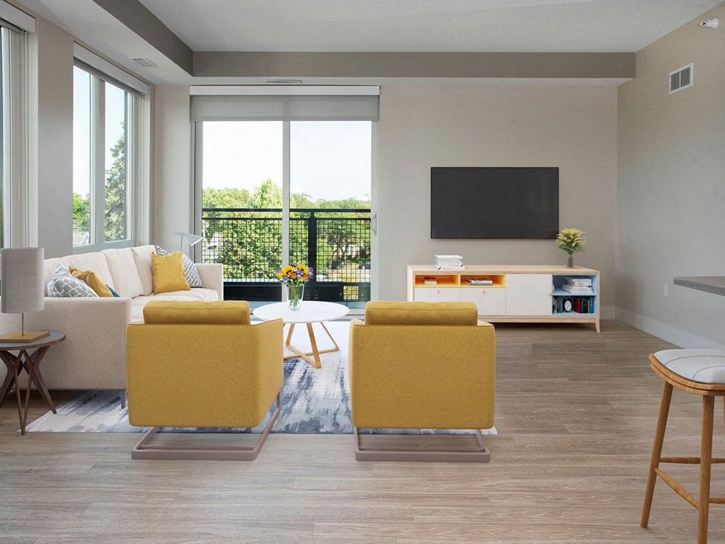 Living room with tvat The Finn, Saint Paul