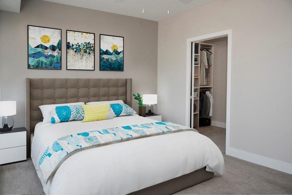 Bedroom interior with cozy bedat The Finn, Minnesota, 55116