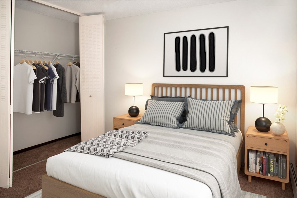 a bedroom with a bed and a closet