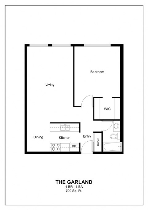 a floor plan of the garland 1 bedroom unit